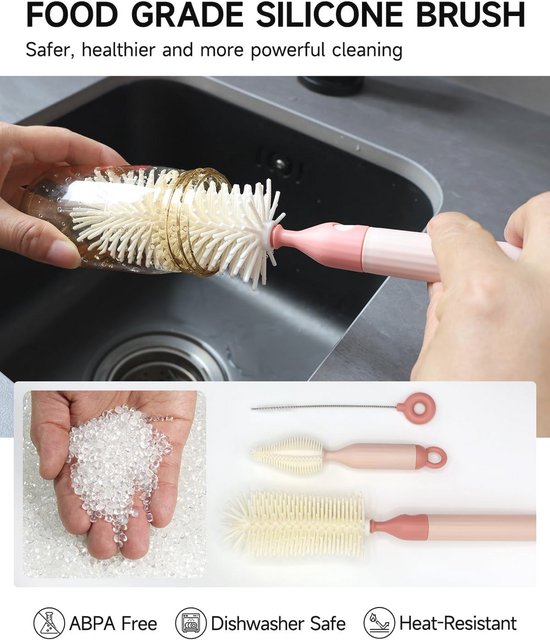 Flessenborstel Set met Droogrek en Snel Droogfunctie - Perfect voor Flessen, Spenen en Rietjes, Handig voor Reizen, Roze — afbeelding 5