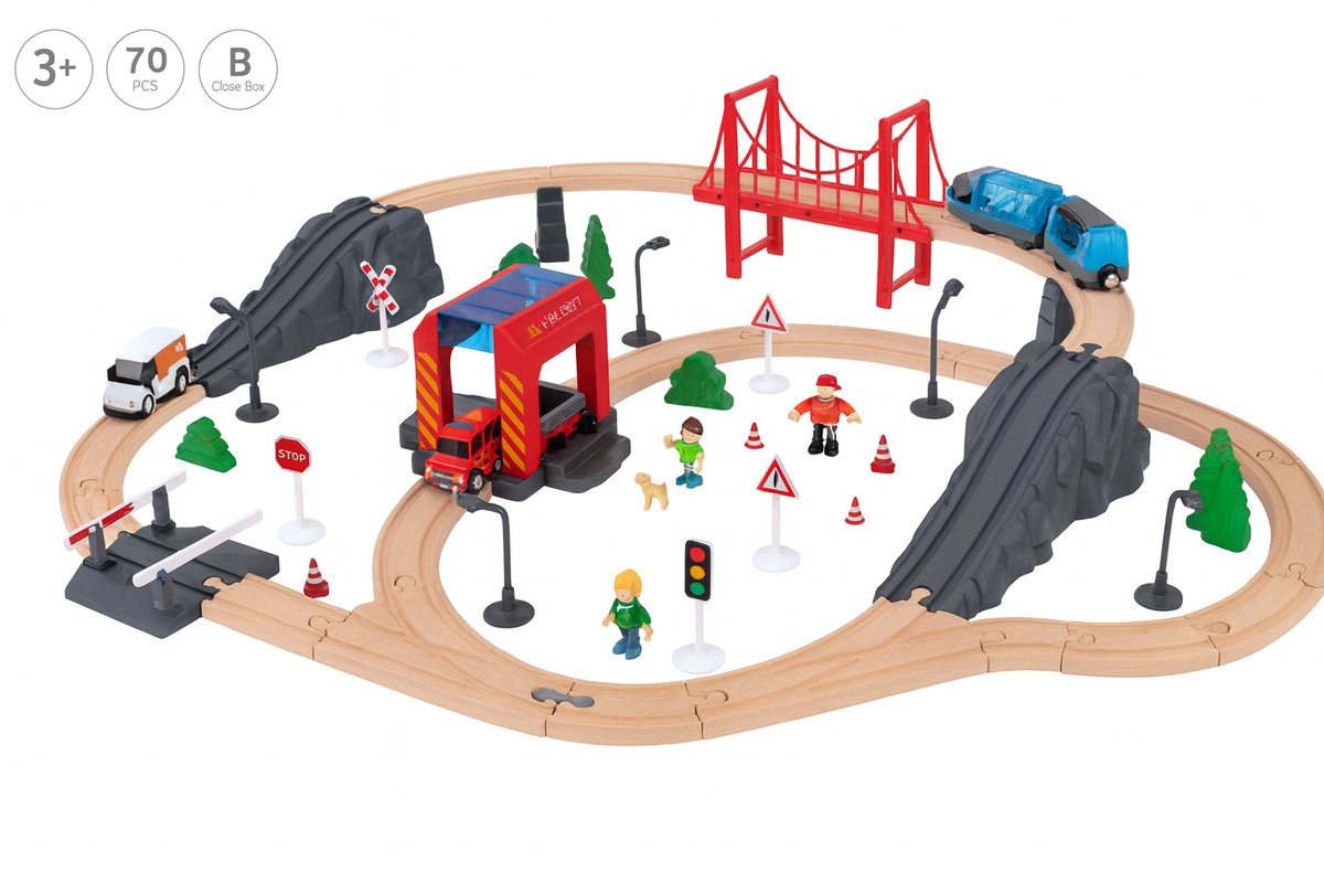 Tooky Toy Houten Treinset met Bouwplatform - FSC Hout - Geschikt voor 3+ Jaar (Peuters) - Treinbaan - Trein Set - Educatief & Montessori Speelgoed — afbeelding 9