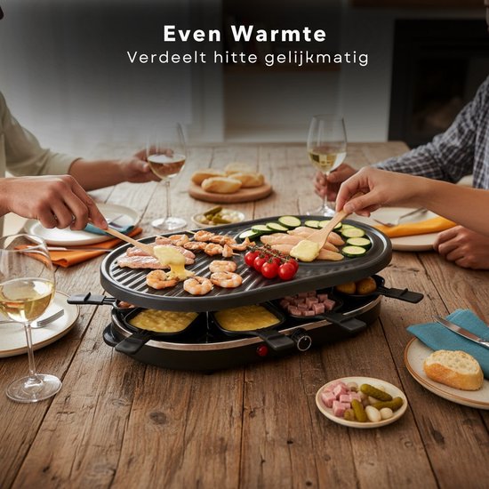Cheqo® Raclette Grill 8 Personen - Compacte Raclette Grill - Stalen Grillplaat - Antiaanbaklaag - PFAS-Vrij - Gourmet - Gourmetten - Anti-Slip Voetjes - Houten Spatels - Eenvoudig Te Reinigen — afbeelding 4