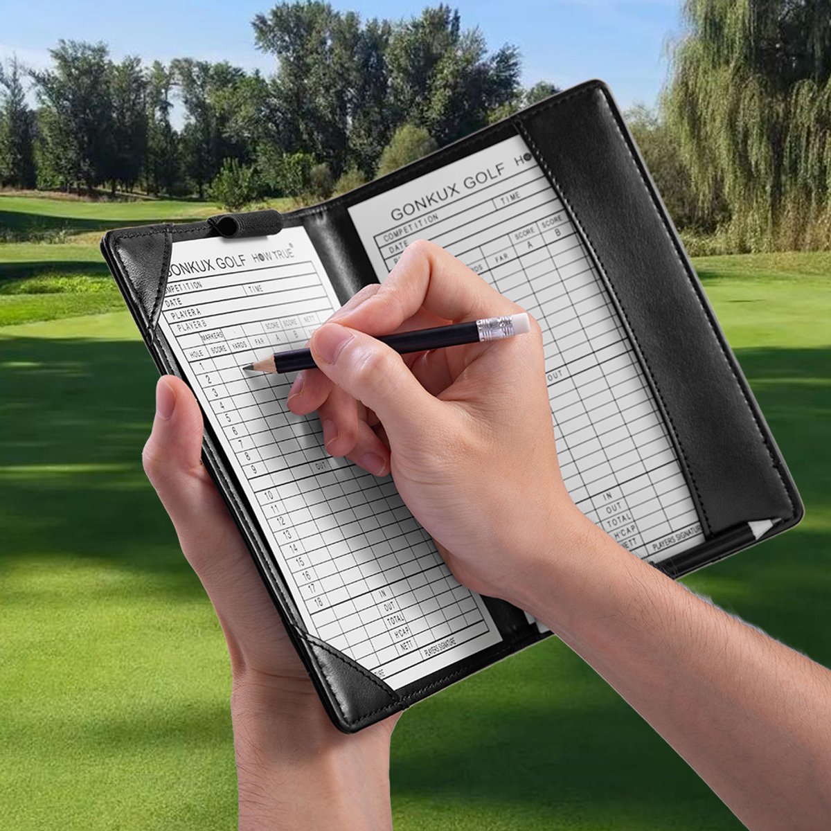 Golf scoreboek met klavertjevier reliëf - zwart leren geluksboekje
