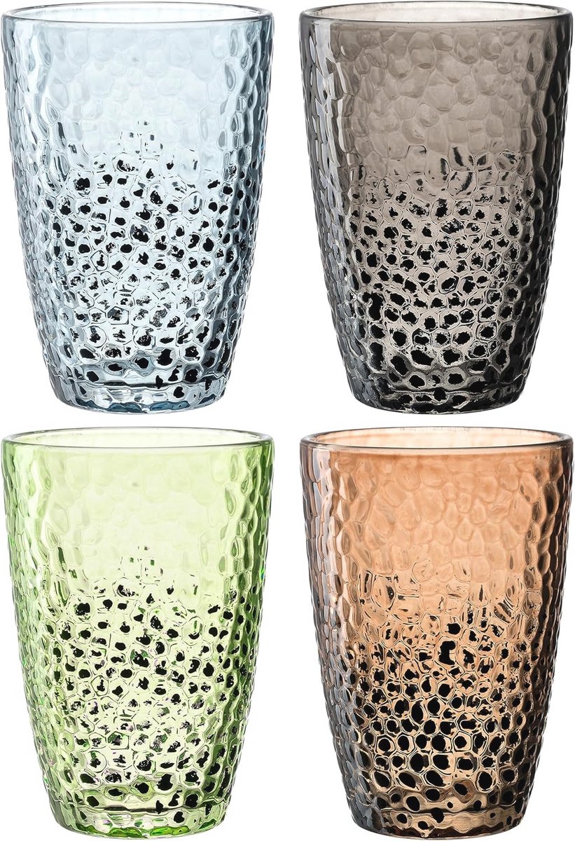 Set van 4 Handgemaakte Glazen in Hamerged Look - 340 ml - Vaatwasserbestendig - Kleurrijke Drinkglazen