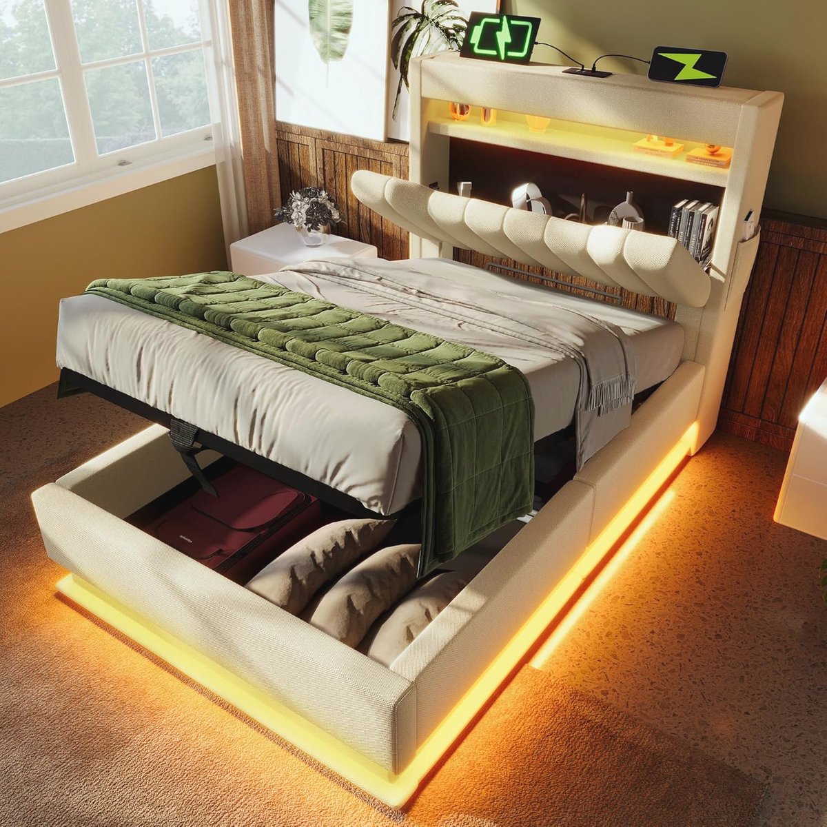 Gestoffeerd Tweepersoonsbed met USB en LED Verlichting - Beige
