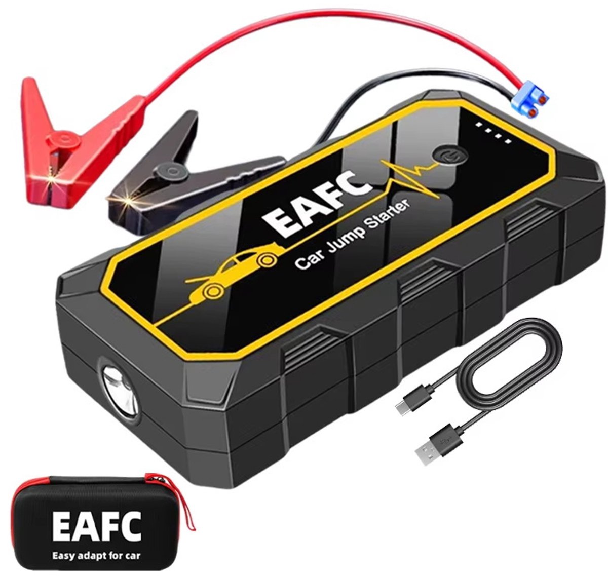 EAFC 12V Jumpstarter - 800A/10.000 mAh – Startkabels Met Powerbank - Starthulp Voor Auto’s Met LED- en SOS Noodlicht- Incl. Opbergcase