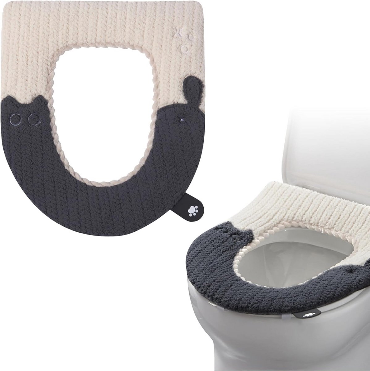 Verwarmde toiletbril met handvat en schattige katprint - Wasbare universele wc-stoelhoes (zwart)