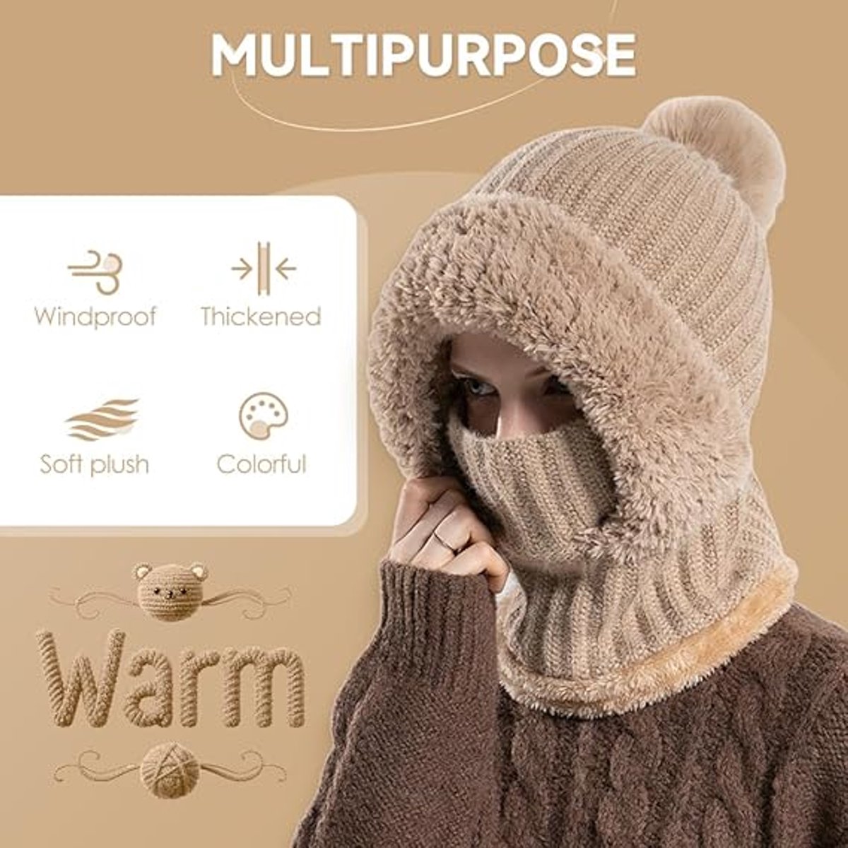 3-in-1 dames wintermuts - Muts - sjaal en gezichtsmasker in één - Roze - Nieuwe warme gebreide wintermuts - Warme wintermuts met sjaal - Dames mutsenset - Gebreide muts en sjaalset - Fleecevoering voor warmte - Winddicht — cadeau in Mode & Accessoires - foto 2