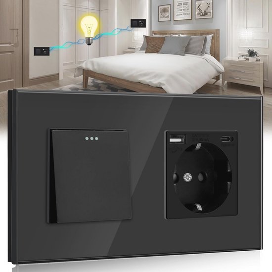 JIMEIDA Touch Lichtschakelaar, pak van 2 stuks, zwart, ingebouwde schakelaar met glazen paneel en statusled, geen neutrale geleider nodig, enkelvoudige 1-pins wandschakelaar, AC 240V, 500W/set