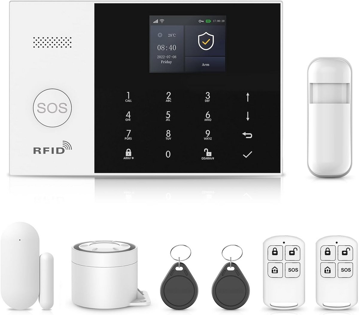 Draadloos Huisalarm met 8 Stukken, Wifi-alarmsysteem met App, 120 dB Sirene, Sensoren voor Deuren en Ramen, Bewegingsmelders