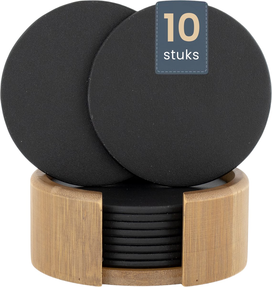 Kunstlederen Onderzetters met Houder – Design Onderzetters voor Glazen - Leren Onderzettersset – Set van 10 - Zwart