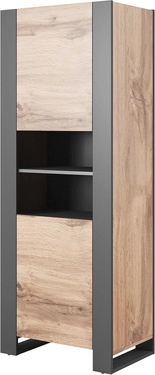 Houten Vitrine Hoge Kast met 2 Deuren en 5 Legplanken - Modern Woonkamermeubel