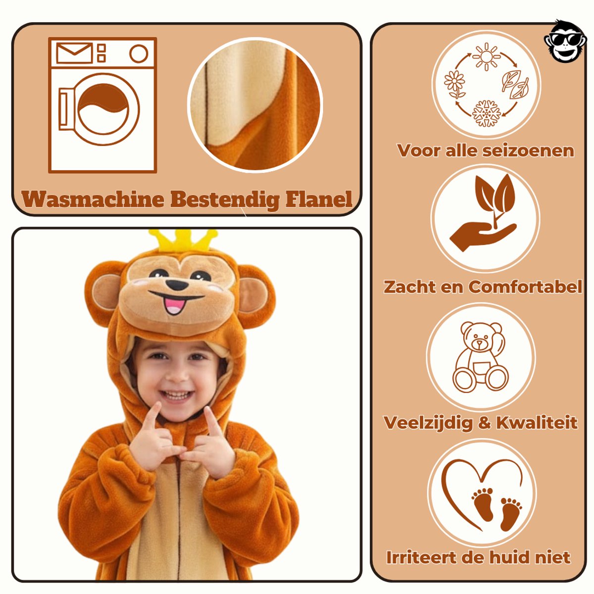 BoefieBoef Dieren Baby Onesie Peuter Pyjama Kinderen 6 maanden tot 2 jaar – Aap – Verkleedkleding met Luierrits – Kerst Carnaval Dierenpak - Kraamcadeau – Zacht Flanel - Romper - Boxpak - Jongens - Meisjes - Kruippak - Winterpak - Bruin - Monkey — afbeelding 2