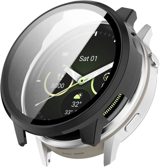 Zwarte smartwatch beschermhoes met zilverkleurige band, om een Garmin Venu 4 41mm met wijzerplaat.