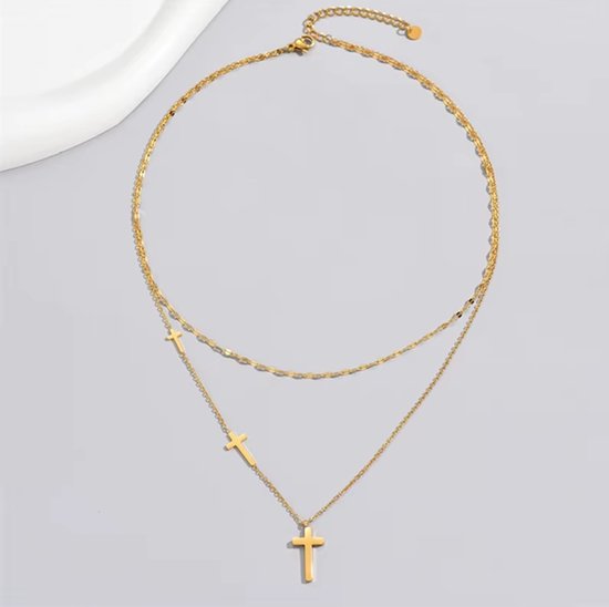 Dubbele gouden ketting met drie kruisjes, goudlook.