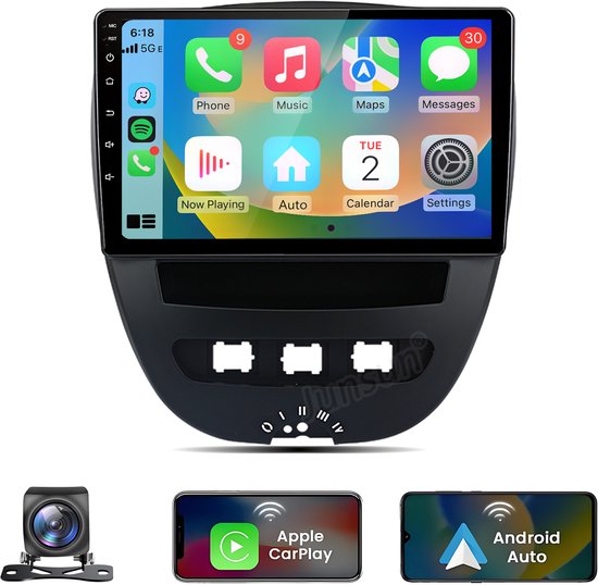 Autoradio met touchscreen en weergave van Apple CarPlay en Android Auto.