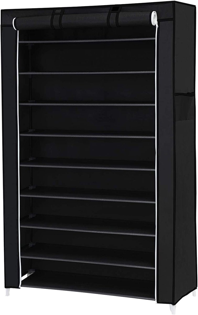 10-laags schoenenrek, schoenenkast, schoenenopberger, opbergrek 88×28×160 cm, zwart, met stofhoes, multifunctioneel, kan tot 40 paar schoenen opbergen, geschikt voor hal, slaapkamer en woonkamer