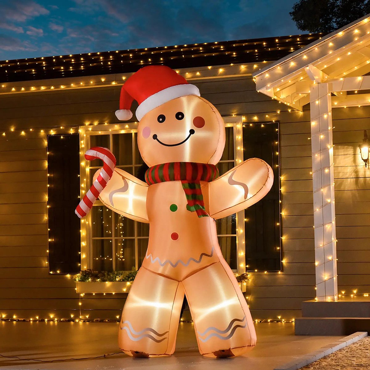 Sweiko Opblaasbare Peperkoekman - Kerstversiering - 240 cm - Met blazer - LED-verlichting - Bruin