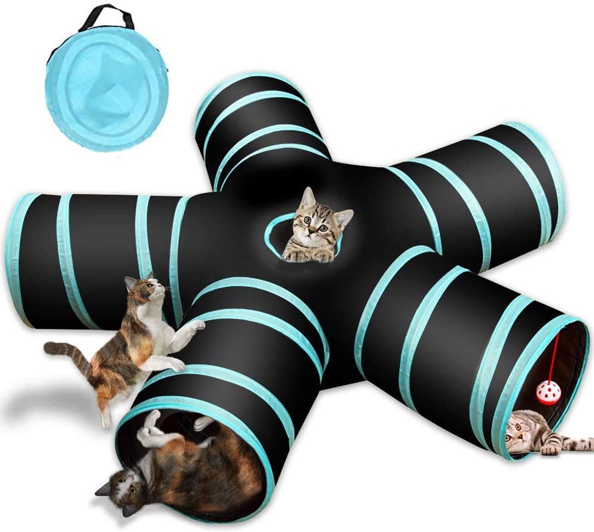 Gigicial Kattentunnel - Speeltunnel van polyestervezels - Premium materiaal, interactief plezier - 1 stuk - Geschikt voor alle katten en kleine dieren - Blauw/zwart