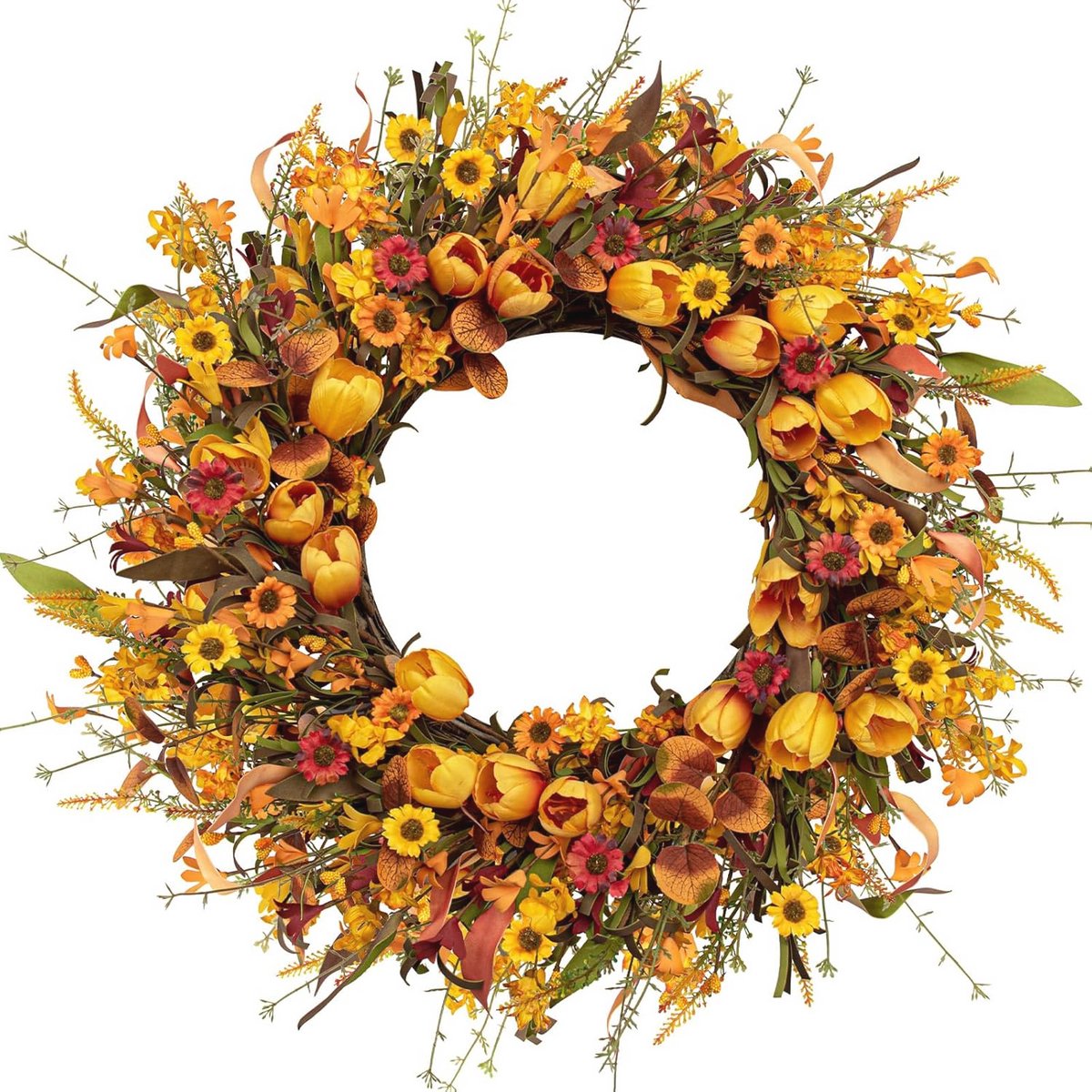 Buiten Herfstkrans 56 cm - Kunstmatige Krans met Tulpen en Wilde Bloemen voor Voordeur en