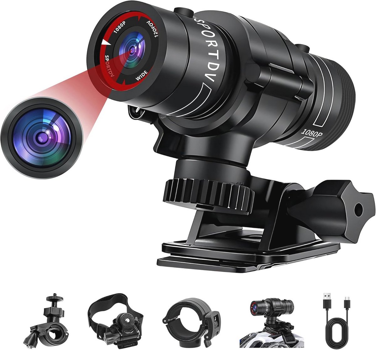 Actiecamera 1080p HD met 120° Groothoek - Waterdichte Fietscamera en Helmcamera voor Outdoor Activiteiten