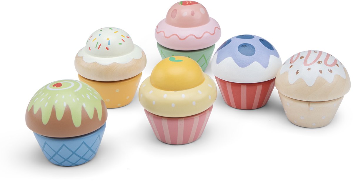 Woet® Houten Speelgoed Cupcakes Set - 6 Stuks - Speelgoedeten voor Kinderen - Rollenspel Keukenspeelgoed - Vanaf 2 Jaar