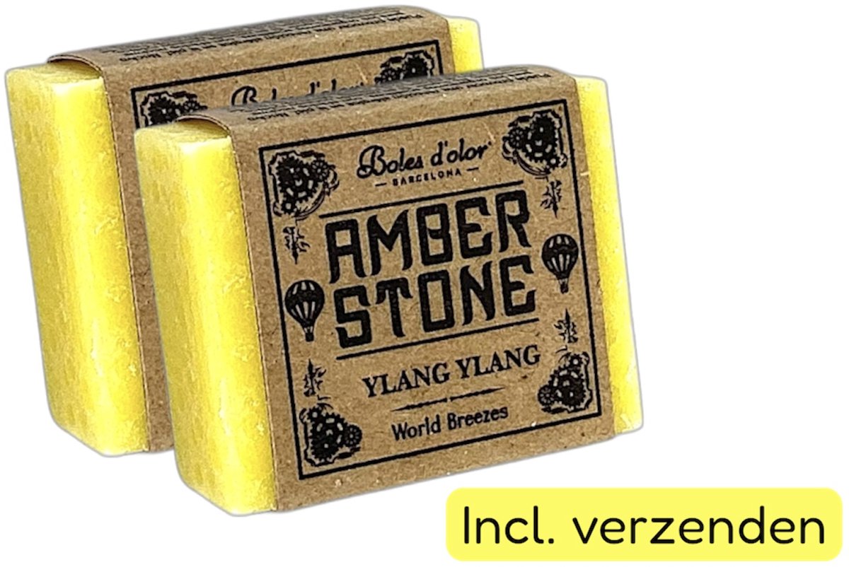Amberblokjes 2x 'Boles d'olor Ylang Ylang' - Incl. verzenden - Geel - Bloemen - Amber stone blokjes - Geurblokje - Geurzakje - Geurverfrisser - Luchtverfrisser - Huisparfum - Parfum - Fris - Wc - Toilet - Kleding - Kast - Lade - Brander - Ontspanning