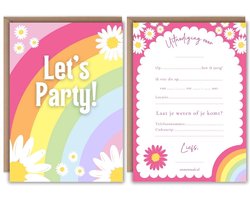 Uitnodiging Kinderfeestje Regenboog Bloemen - 10 stuks Incl Enveloppen - Party Thema - Uitnodigingskaarten - Uitnodiging Kinderfeestje Meisje - Uitnodiging Verjaardag - Kinderfeestje - Uitnodiging Regenboog