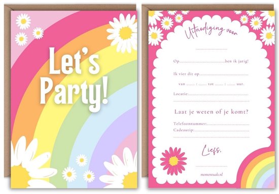 Uitnodiging Kinderfeestje Regenboog Bloemen - 10 stuks Incl Enveloppen - Party Thema - Uitnodigingskaarten - Uitnodiging Kinderfeestje Meisje - Uitnodiging Verjaardag - Kinderfeestje - Uitnodiging Regenboog
