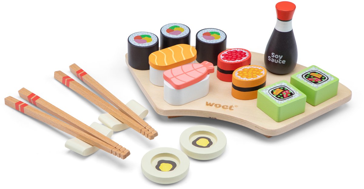 Woet® Houten Sushi Speelset - 21-delig Japans Rollenspel Speelgoed - Inclusief Stokjes, Sojasaus en Serveerplank - Speelgoedeten - Educatief Keukenspeelgoed - Vanaf 3 Jaar — afbeelding 2