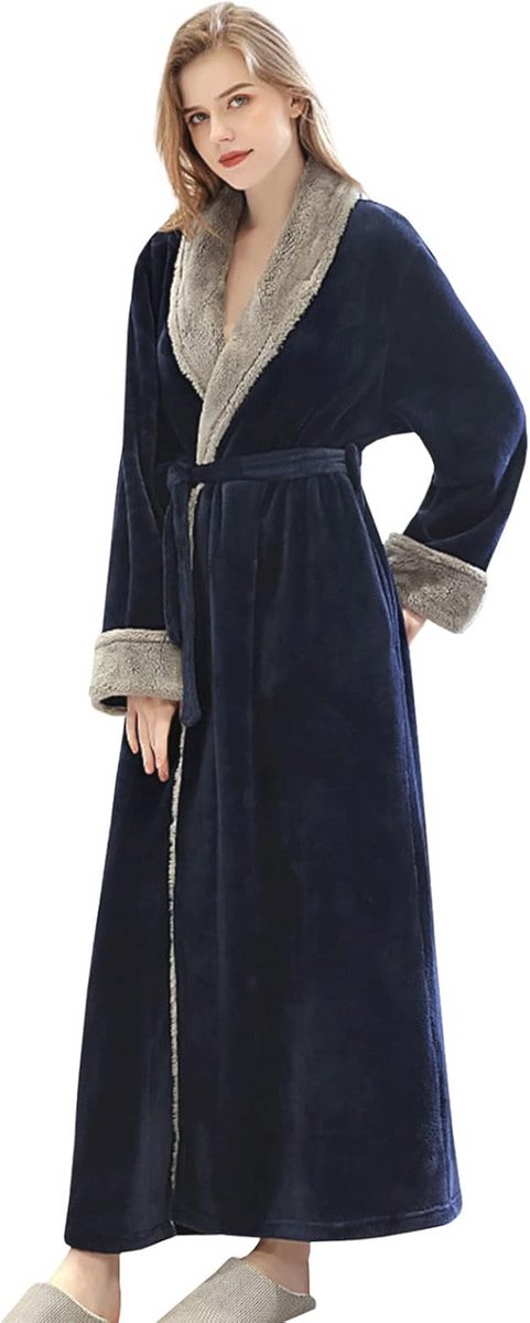 Dames Badjas Lange Robe Microfiber Volledige Lengte Loungewear Coral Winter Warm Zacht en Fluffy met Sjaalkraag, Strik en Zakken M L XL