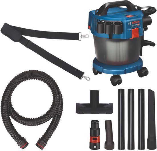 Bosch Professional bouwstofzuiger, blauw en transparant, met accessoires: slang, schouderband, spuitmonden en wieltjes.