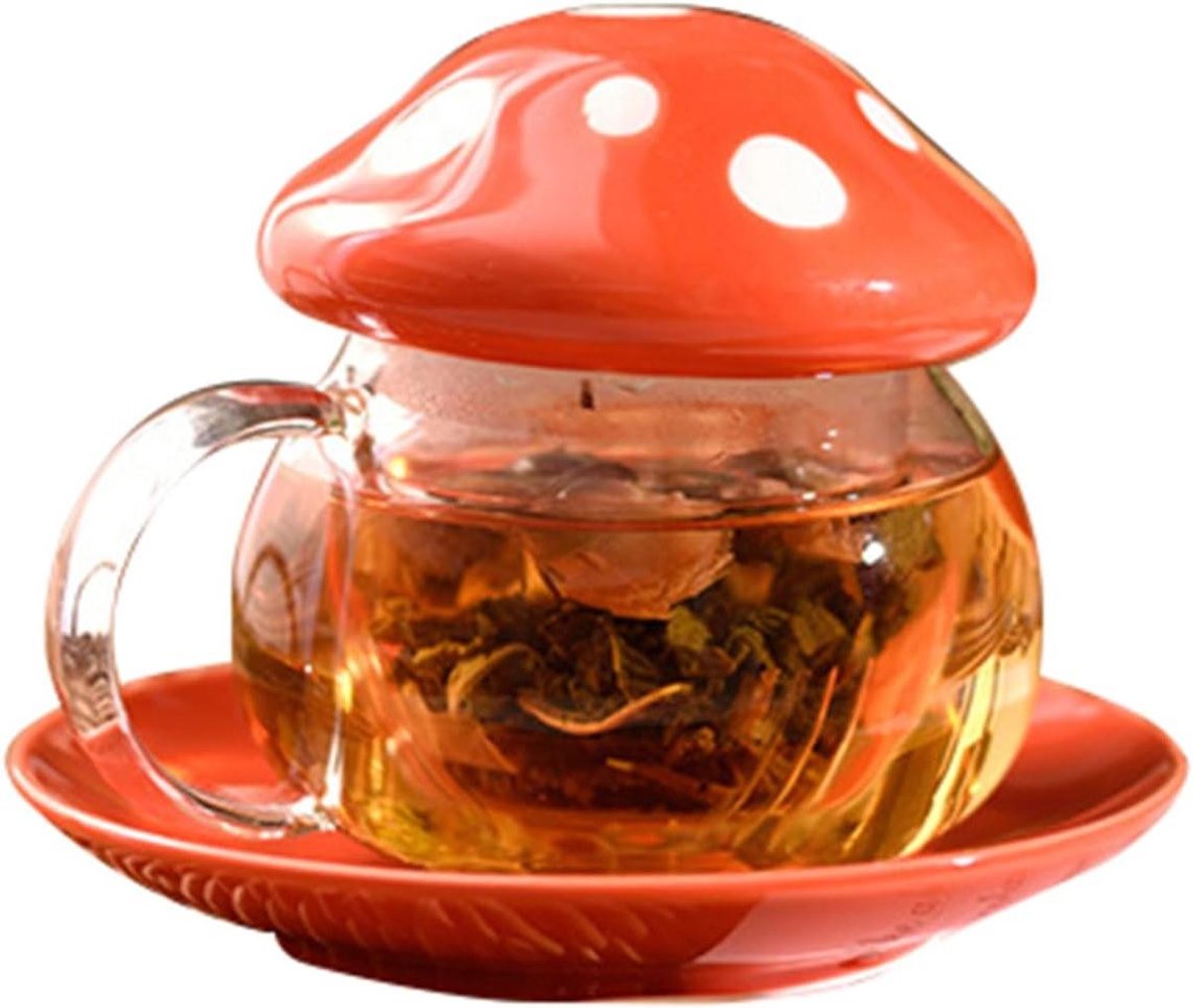 Provento - Schattige paddenstoelenmok met infuser en keramische deksel, 290 ml theekop voor thuis en kantoor - rood