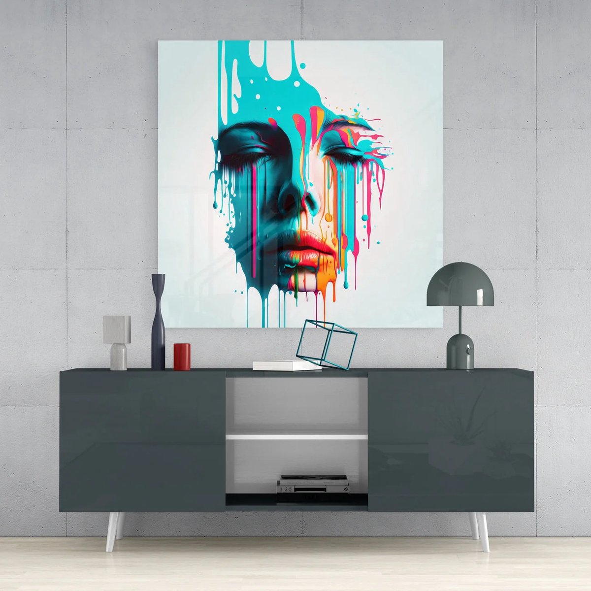 Glasschilderij Vierkant - Kleurrijk - Gezicht - Kunst - Woonkamer - Slaa-kamer - Wanddecoratie - Wall Art - 80x80 cm