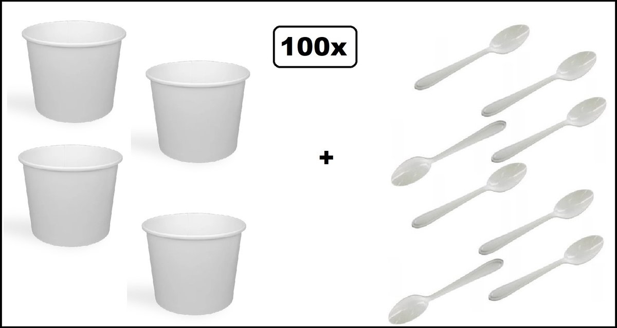 100x Soepbeker wit karton 250-300ml en 100x herbruikbare lepels wit - Soep salade beker festival warme dranken maaltijd carnaval