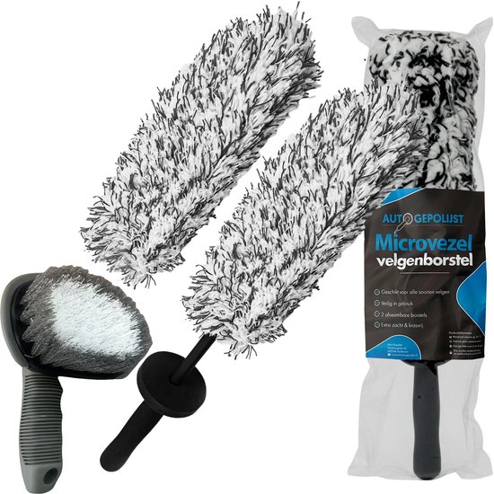 Ensemble de 3 brosses de jante: une ronde avec des poils gris et deux brosses extra fines en microfibre dans un emballage.