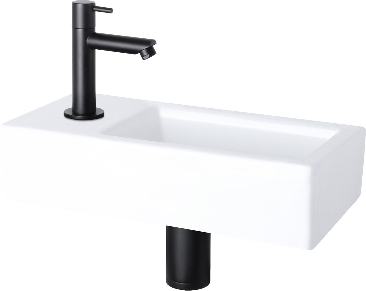 Differnz Helios fonteinset - keramiek wit - koudwaterkraan recht mat zwart - kraan links - always open afvoerplug - 37.5 x 18.5 x 9 cm