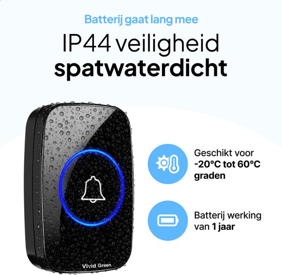 Sonnette sans fil - Sonnette - Sans fil avec récepteur - Sonnette - Sonnette sans fil - Sonnettes - IP44 étanche - Zwart