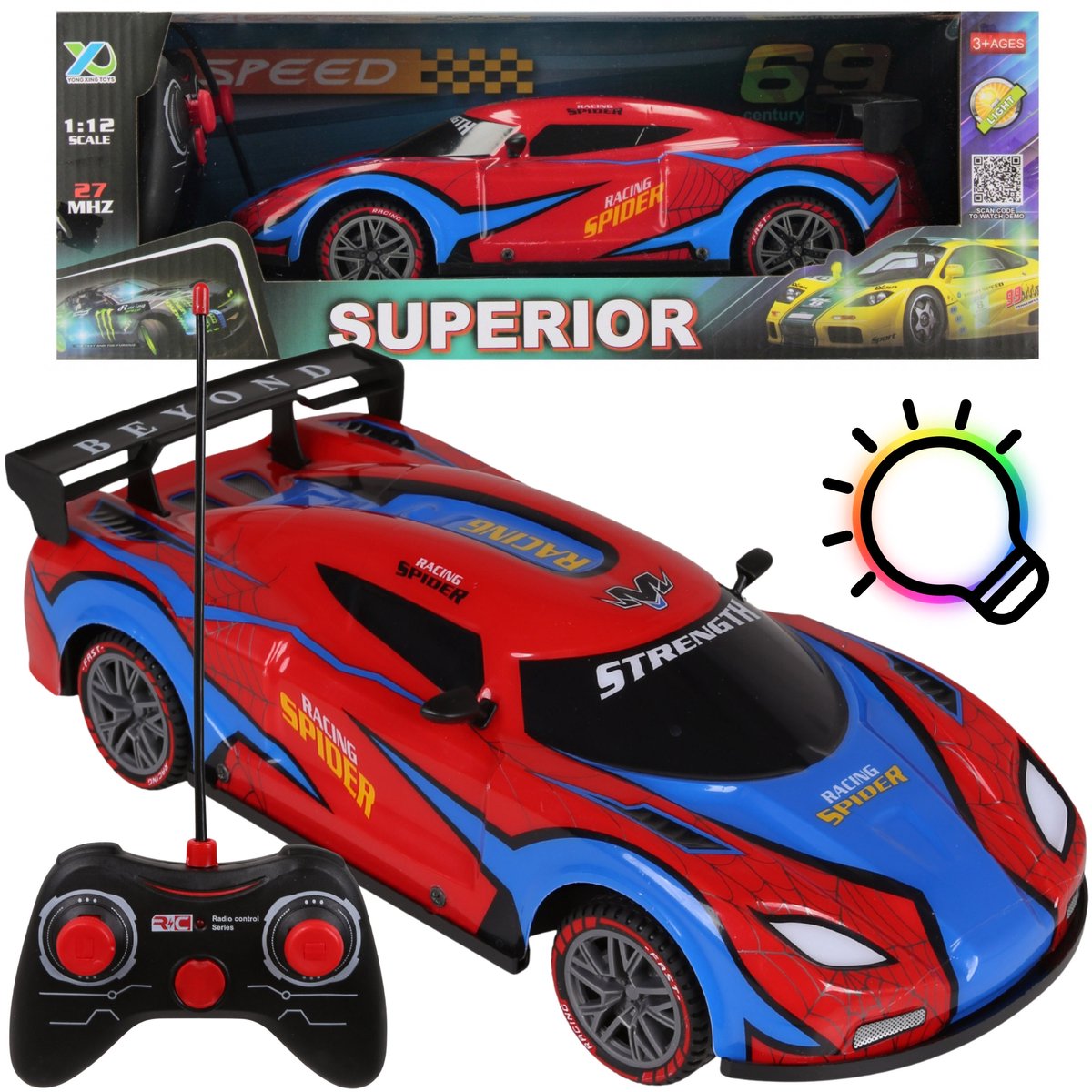 Raceauto 1:12, SPIDER, OP AFSTANDSBEDIENING, Auto met RGB LICHT effect