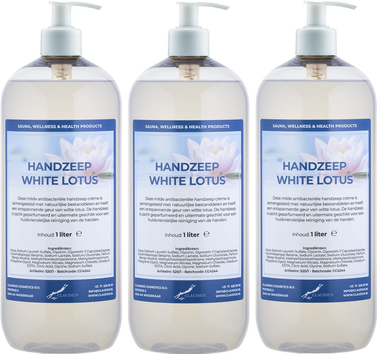Handzeep White Lotus 1 liter - set van 3 stuks - met gratis pomp - Voordeelverpakking