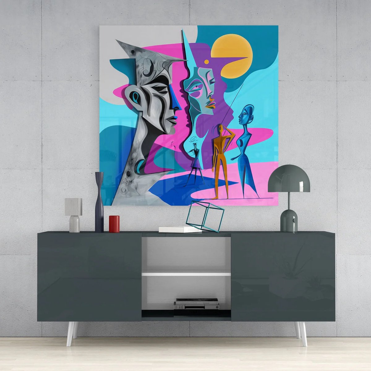 Glasschilderij Vierkant - Picasso Stijl - Wanddecoratie - Kunst - Woonkamer - Slaapkamer - 60x60 cm
