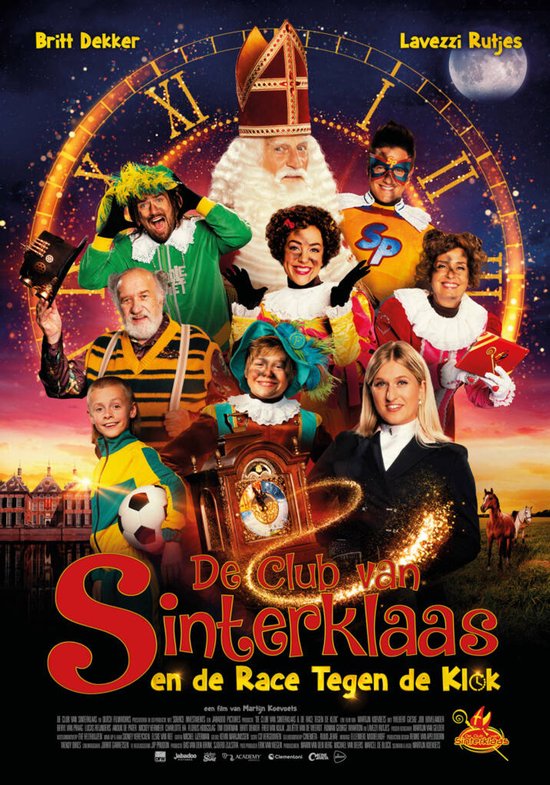 Film poster met de cast van De Club van Sinterklaas, met Sinterklaas en Pieten rond een klok.