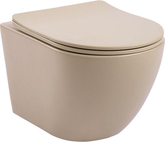 Zandkleurig hangtoilet met gesloten deksel, beige.