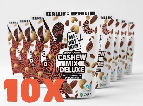 Rij van tien "ALL DAY NUTS CASHEW MIX DELUXE" verpakkingen, met de tekst "10X" in oranje.