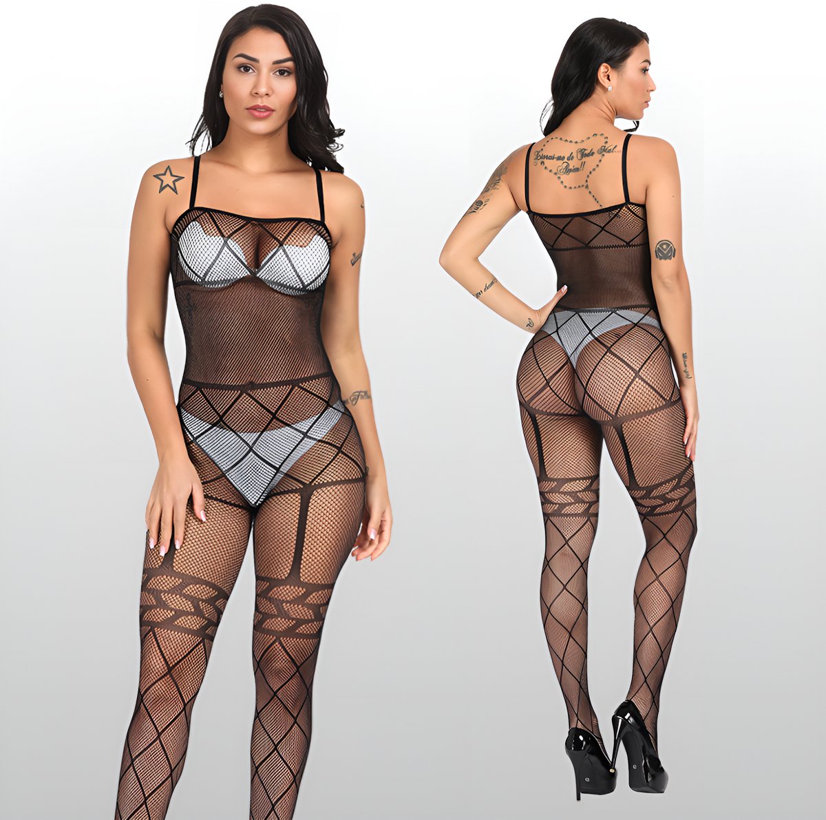 Zwarte Visnet Bodystocking - Transparant - Sexy Lingerie - One Size S-L (36-40) | LS388