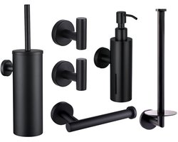 Toiletaccessoireset Zwart 6-delig - Toiletborstelhouder - Toiletrolhouder - Reserverolhouder - Zeepdispenser - Handdoekhaakjes