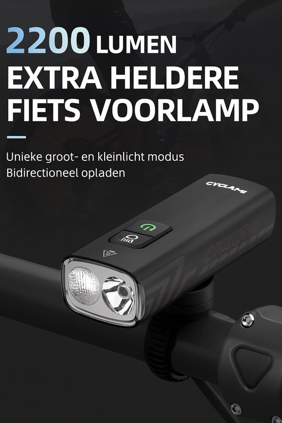 Cyclami Fietslamp LED - Inclusief Stuurhouder - Krachtige 2200 Lumen Fietslamp - Waterbestendig - 5 Modi - 4500 mAh - Bidirectioneel Laden - GoPro-Mount Compatibel — afbeelding 3
