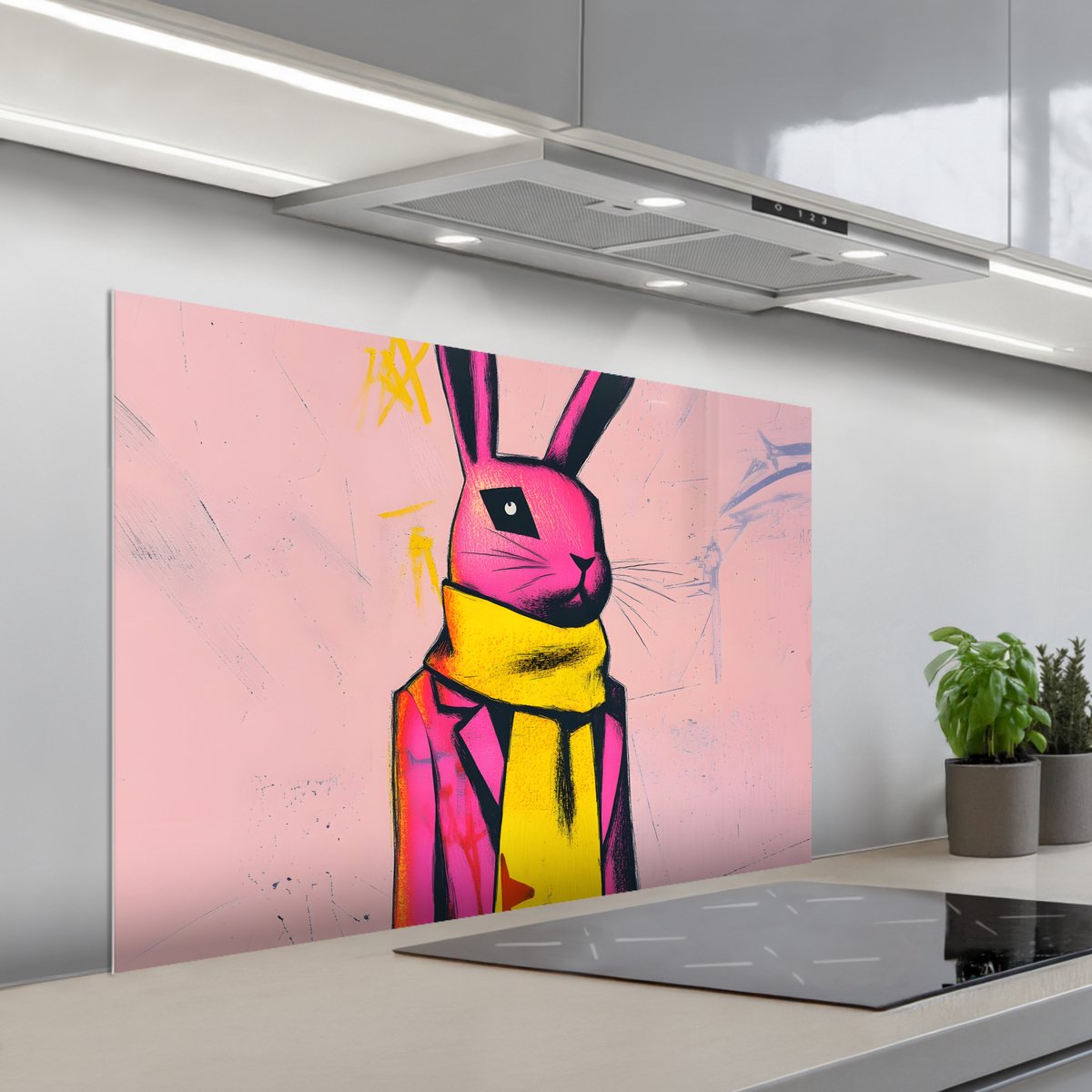 Spatscherm 100x65 cm - Zelfklevende achterwand Abstract - Konijn - Sjaal - Geel - Keuken muurbeschermer - Spatwand fornuis