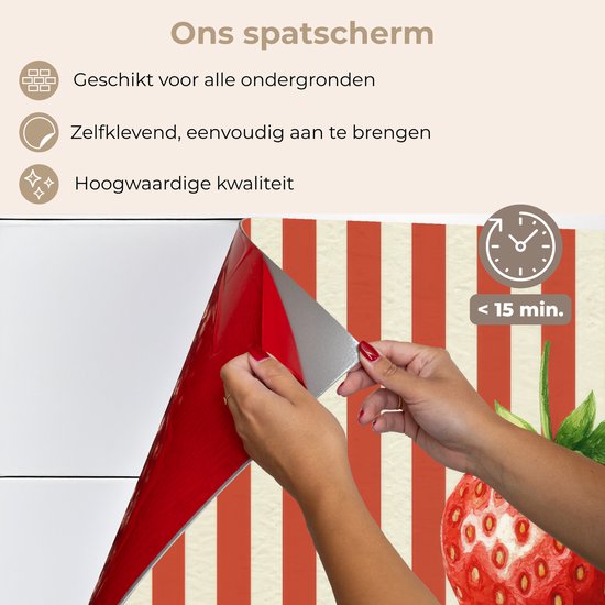 Spatscherm 100x65 cm - Zelfklevende achterwand Aardbei - Strepen - Rood - Keuken muurbeschermer - Spatwand fornuis