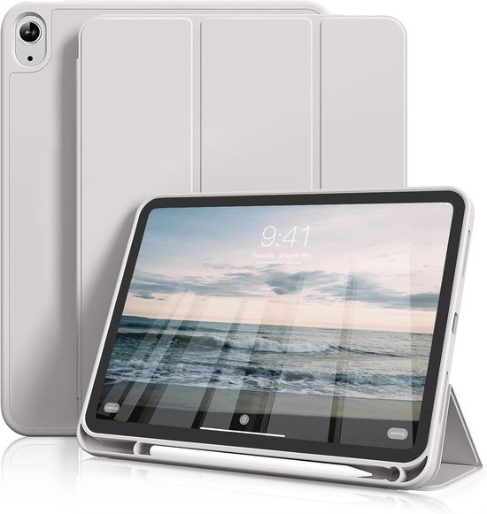 Étui de tablette blanc dans une couleur blanche avec un iPad dessus, l'étui est plié en mode support.