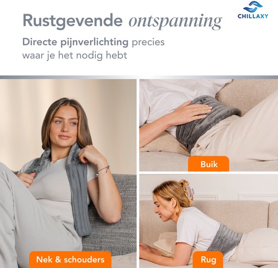 Collage: vrouw met grijs kussen om de nek, vrouw met kussen op de buik en vrouw met kussen op de rug.