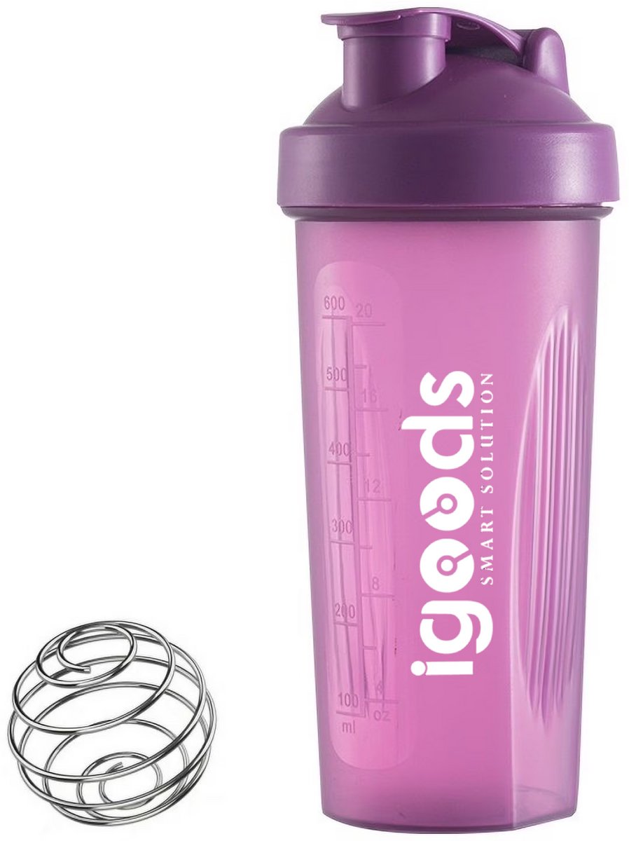 Igoods Shakebeker – Met RVS Mixerbal – BPA-vrij & Lekvrij – Shaker voor Proteïne Shakes, Smoothies & Sportvoeding – Fitness Shake Cup – 600ml – Paars