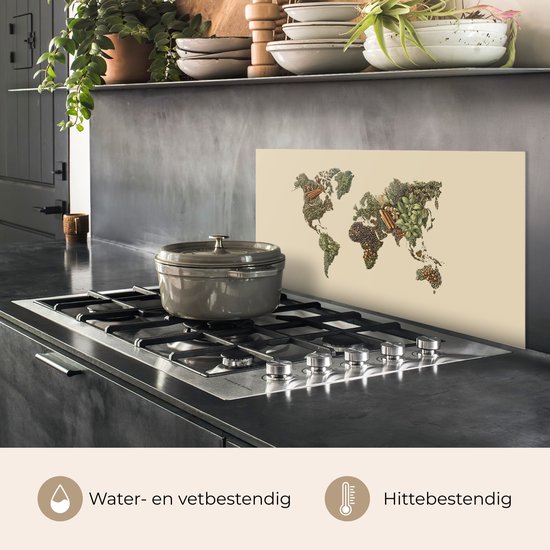 Spatscherm 90x45 cm - Zelfklevende achterwand Wereldkaart - Kruiden - Kleurrijk - Keuken muurbeschermer - Spatwand fornuis